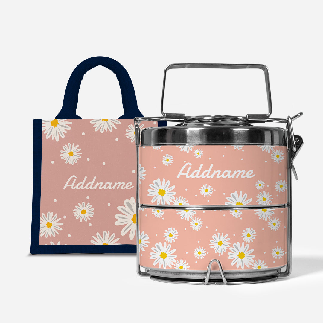 Daisy Series - Coral - Lunch Tote Bag with Two-Tier Tiffin Carrier