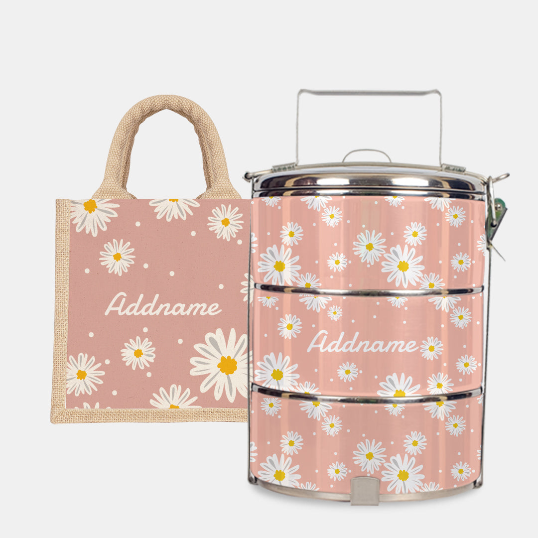 Daisy Series - Blush - Lunch Tote Bag with Three-Tier Tiffin Carrier