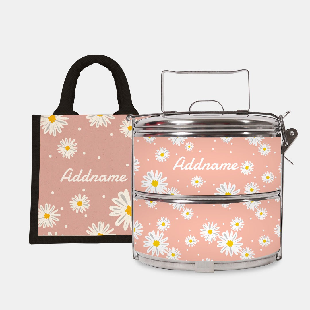 Daisy Series - Coral - Lunch Tote Bag with Two-Tier Tiffin Carrier