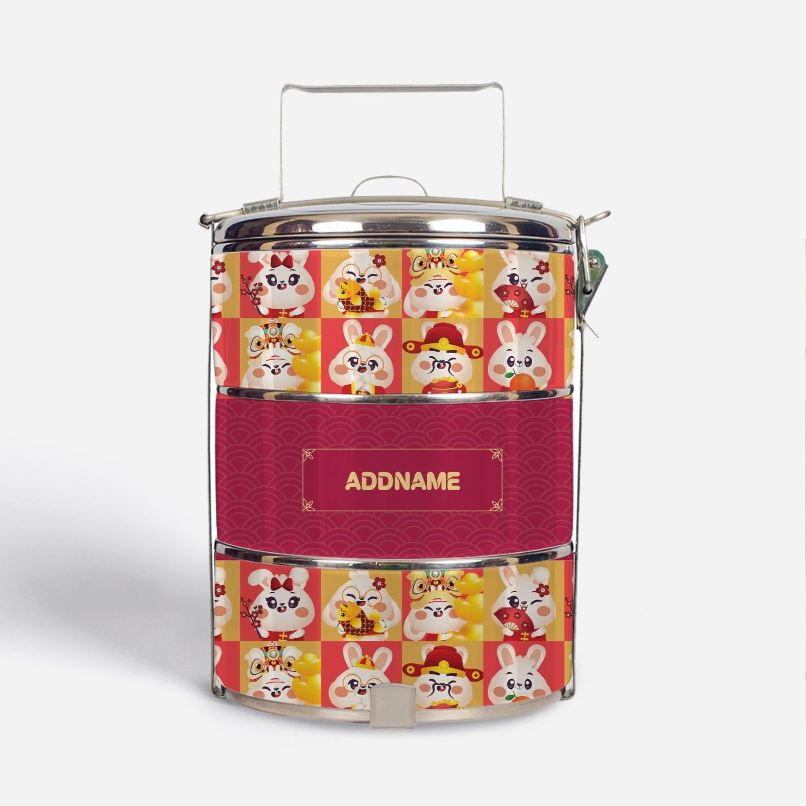 Cny Rabbit Family - Red with English Personalisation - Three-Tier Tiffin Carrier