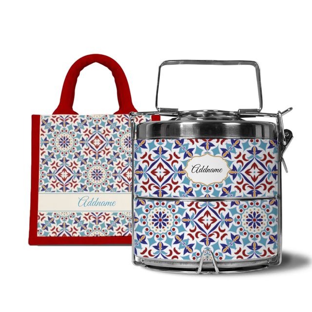 Moroccan Series - Arabesque Agean Blue - Lunch Tote Bag with Two-Tier Tiffin Carrier