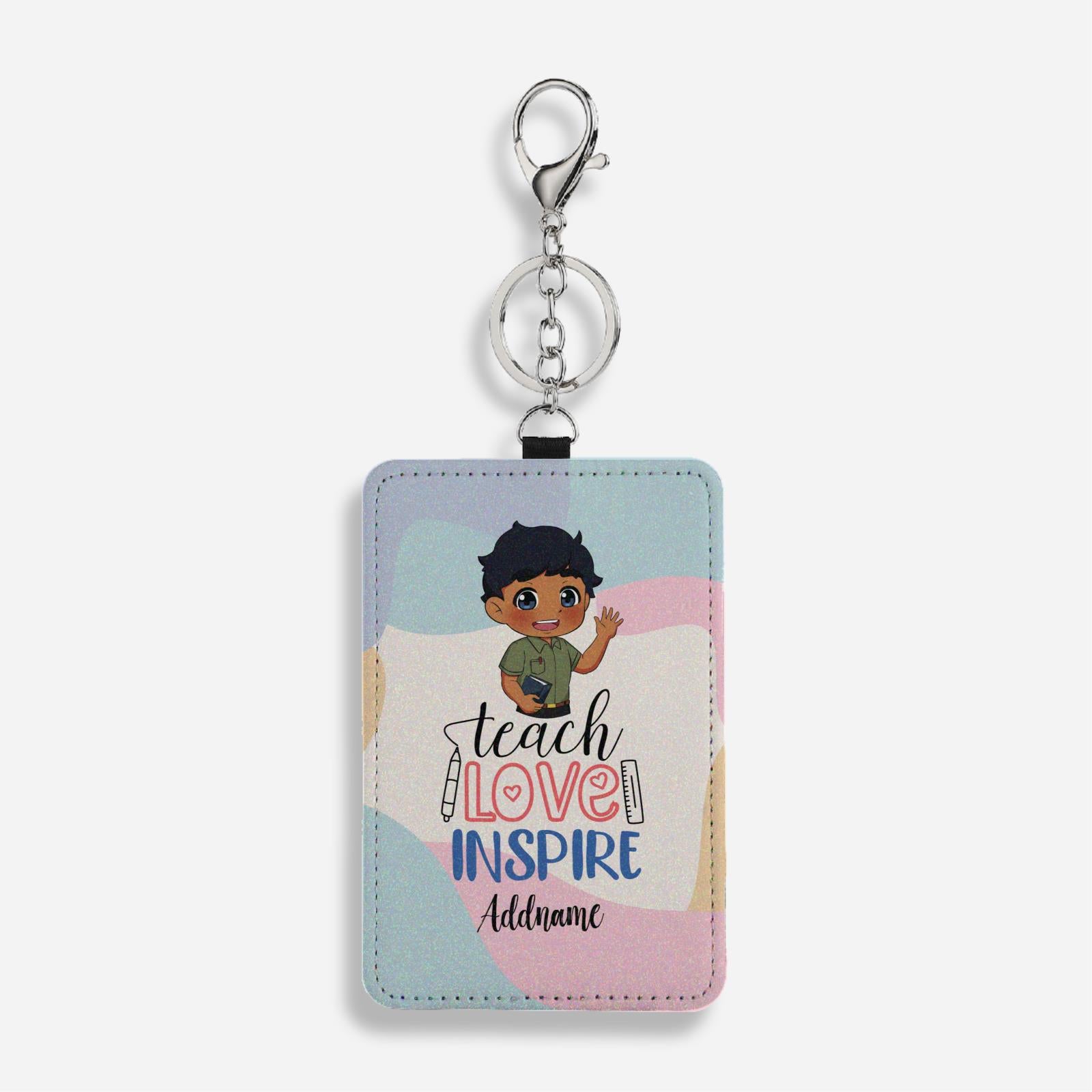 Teach Love Inspire With Chibi Indian Male Teacher Cardholder Keychain