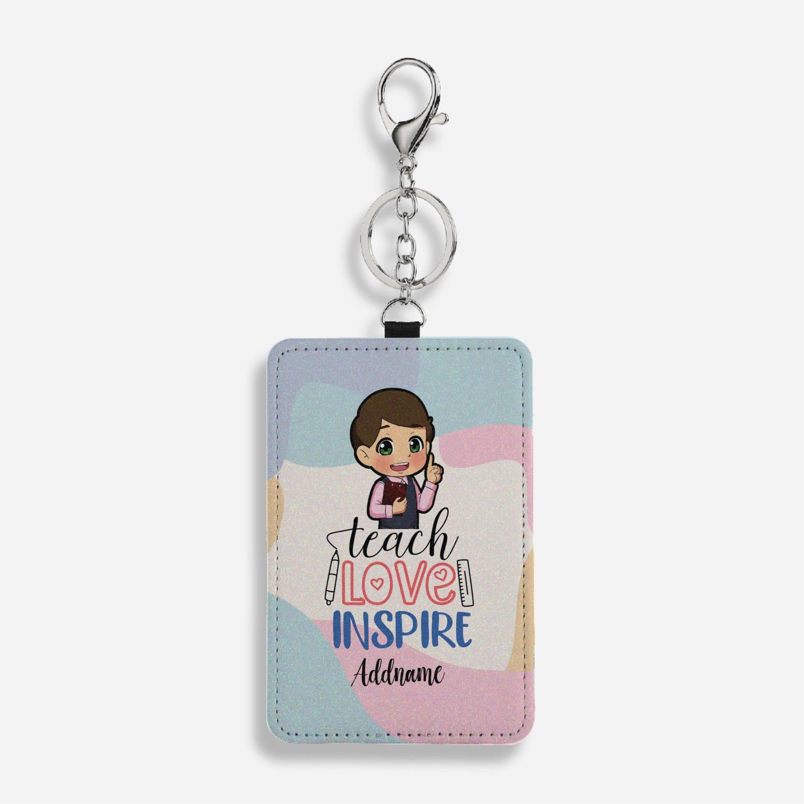 Teach Love Inspire With Chibi Chinese Male Teacher Cardholder Keychain