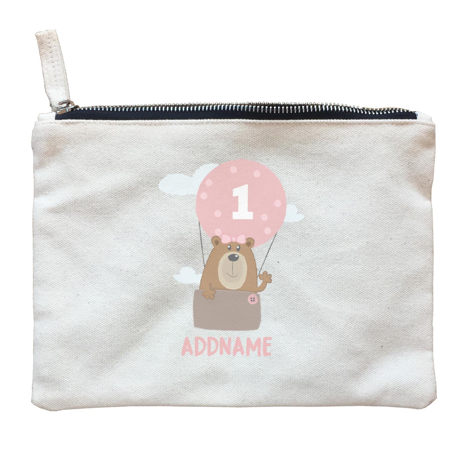 Cute Bear Girl with Hot Air Balloon Birthday Theme Personalizable with Name and Number Zipper Pouch