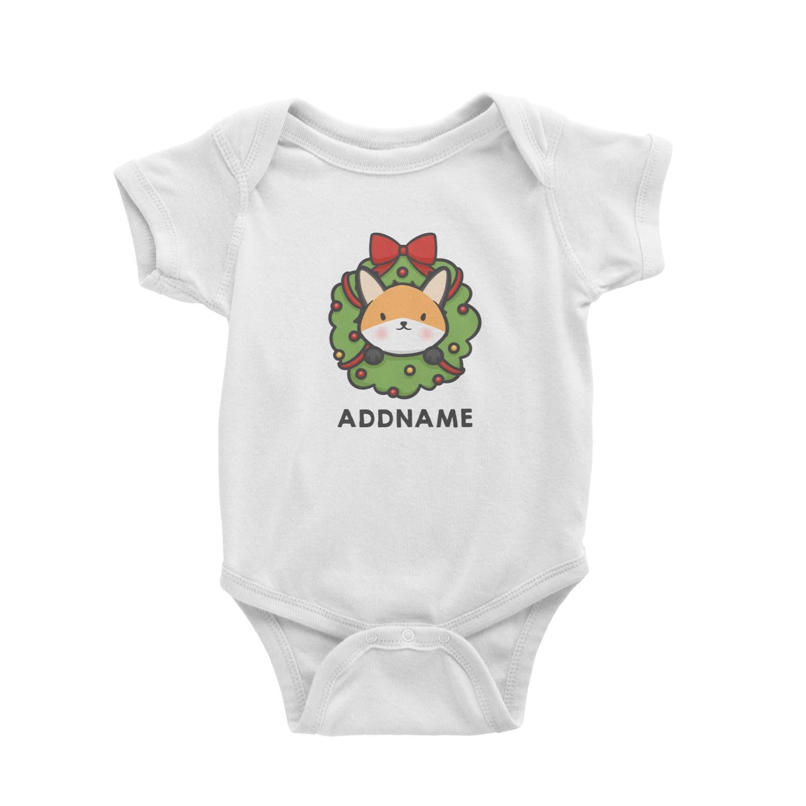 Xmas Cute Flower Wreath Fox Addname Baby Romper