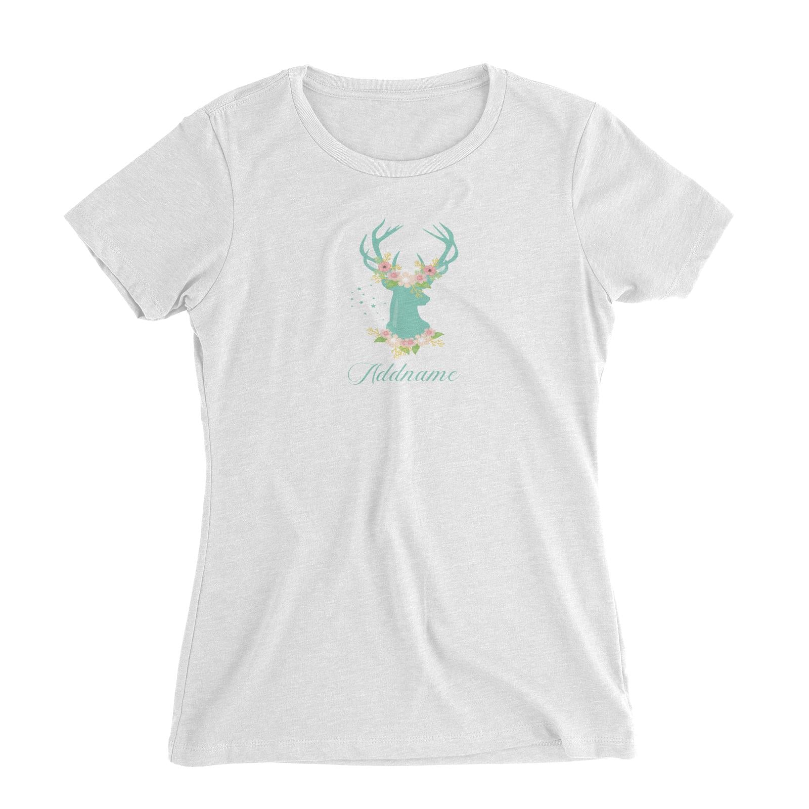 Basic Family Series Pastel Deer Green Deer With Flower Addname Women Slim Fit T-Shirt