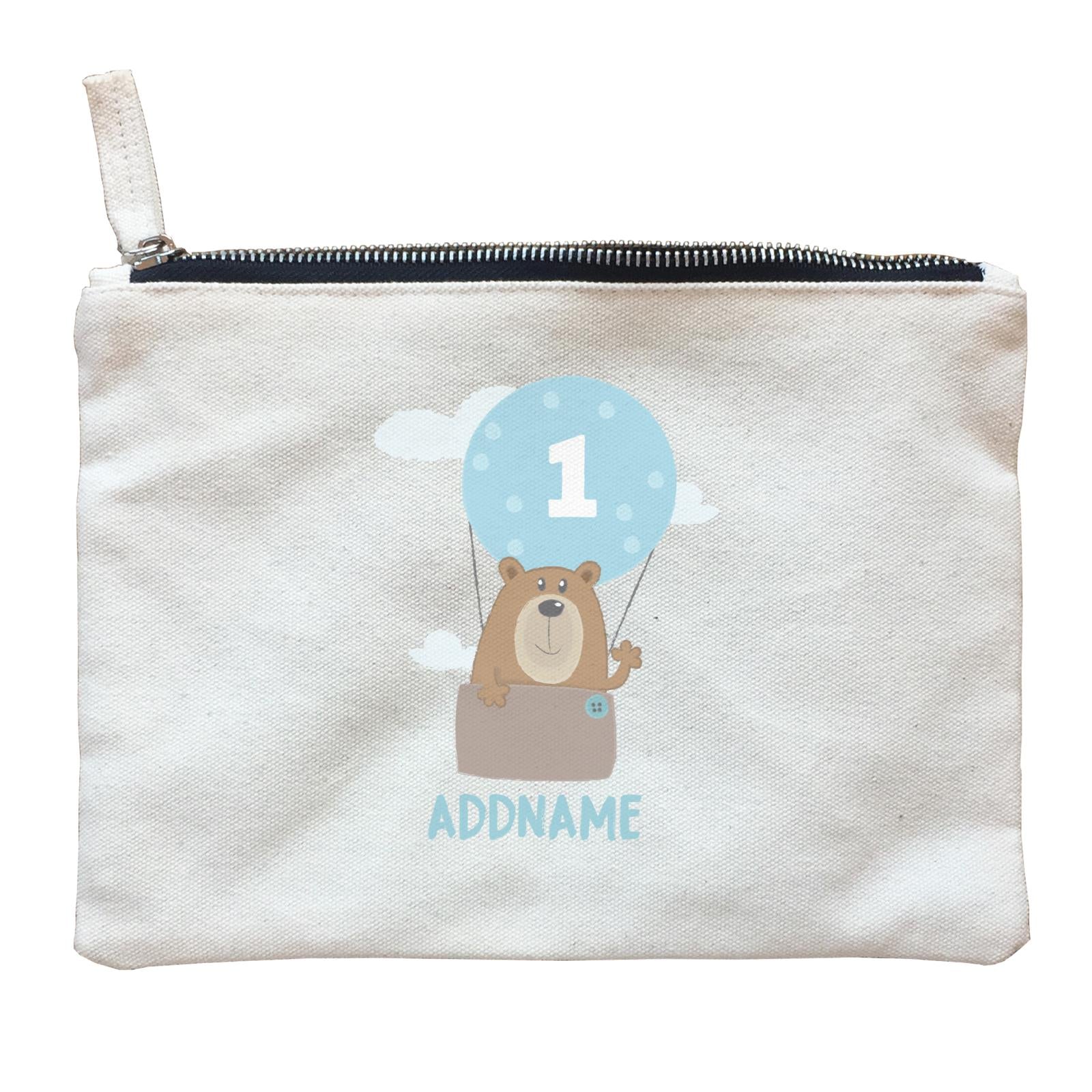 Cute Bear Boy with Hot Air Balloon Birthday Theme Personalizable with Name and Number Zipper Pouch