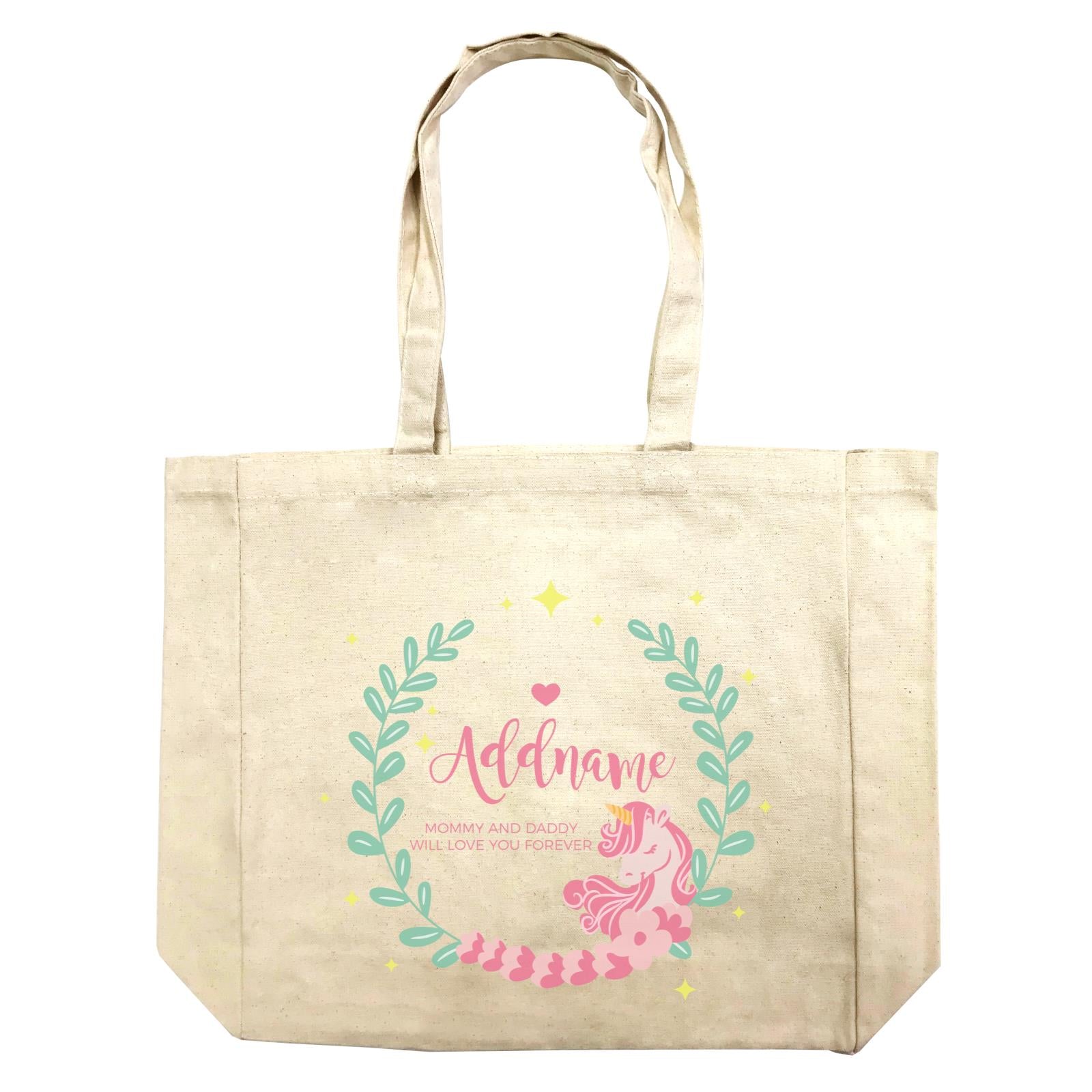 Cute Pink Unicorn with Pastel Green Leaves Wreath Personalizable iwth Name and Text Shopping Bag