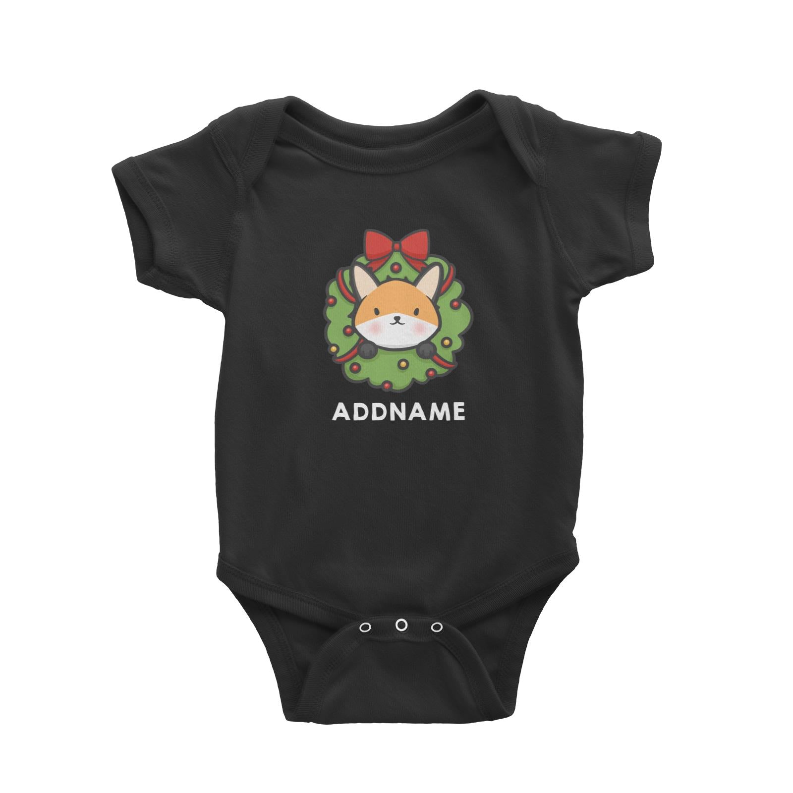 Xmas Cute Flower Wreath Fox Addname Baby Romper