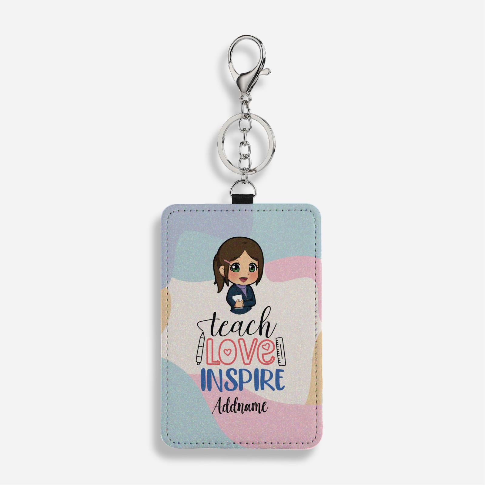 Teach Love Inspire With Chibi Chinese Female Teacher Cardholder Keychain