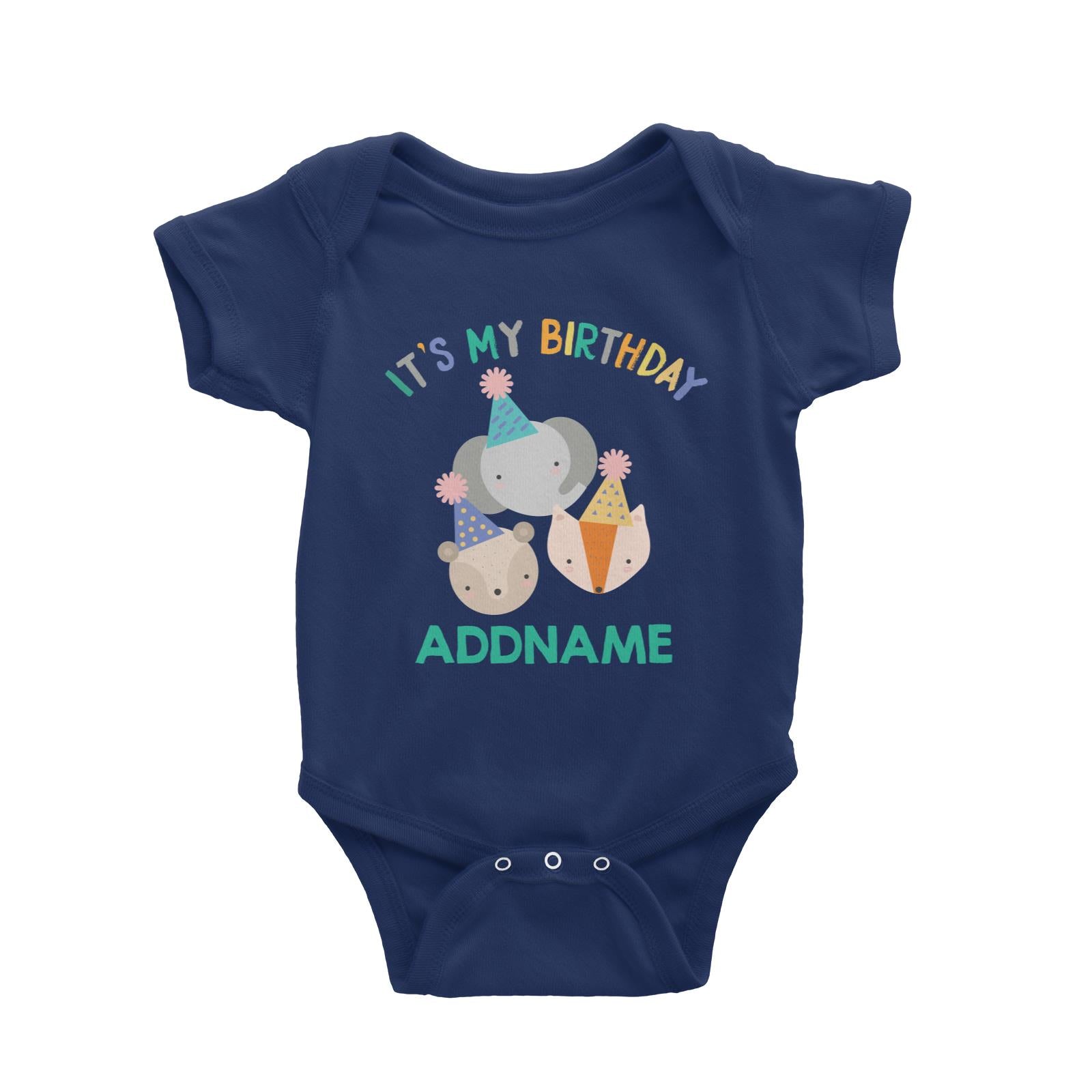 Cute It's My Birthday Safari Theme with Elephant, Fox and Squirrel Head Baby Romper