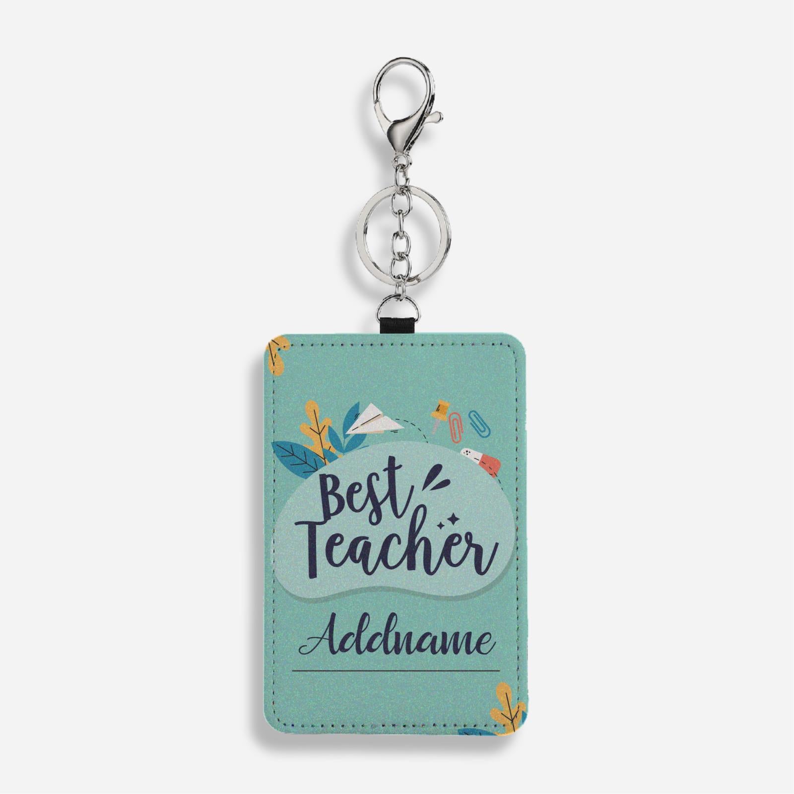 Turquoise Best Teacher With Floral Elements Cardholder Keychain